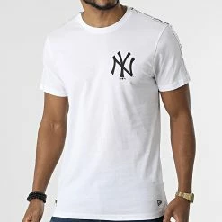 Nouveau ⭐ Tee 👚 Shirt A Bandes MLB Sleeve Taping New York Yankees 12369819 Blanc de New Era 🎉