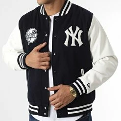 Tout neuf 🛒 Veste Teddy MLB Wordmark Varsity New York Yankees 60301348 Bleu Marine Blanc de New Era 🌟